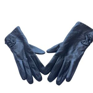 Italian Leather Bow Detail Fleece Lined Gloves Soft Warm Black Classic Small 6.5